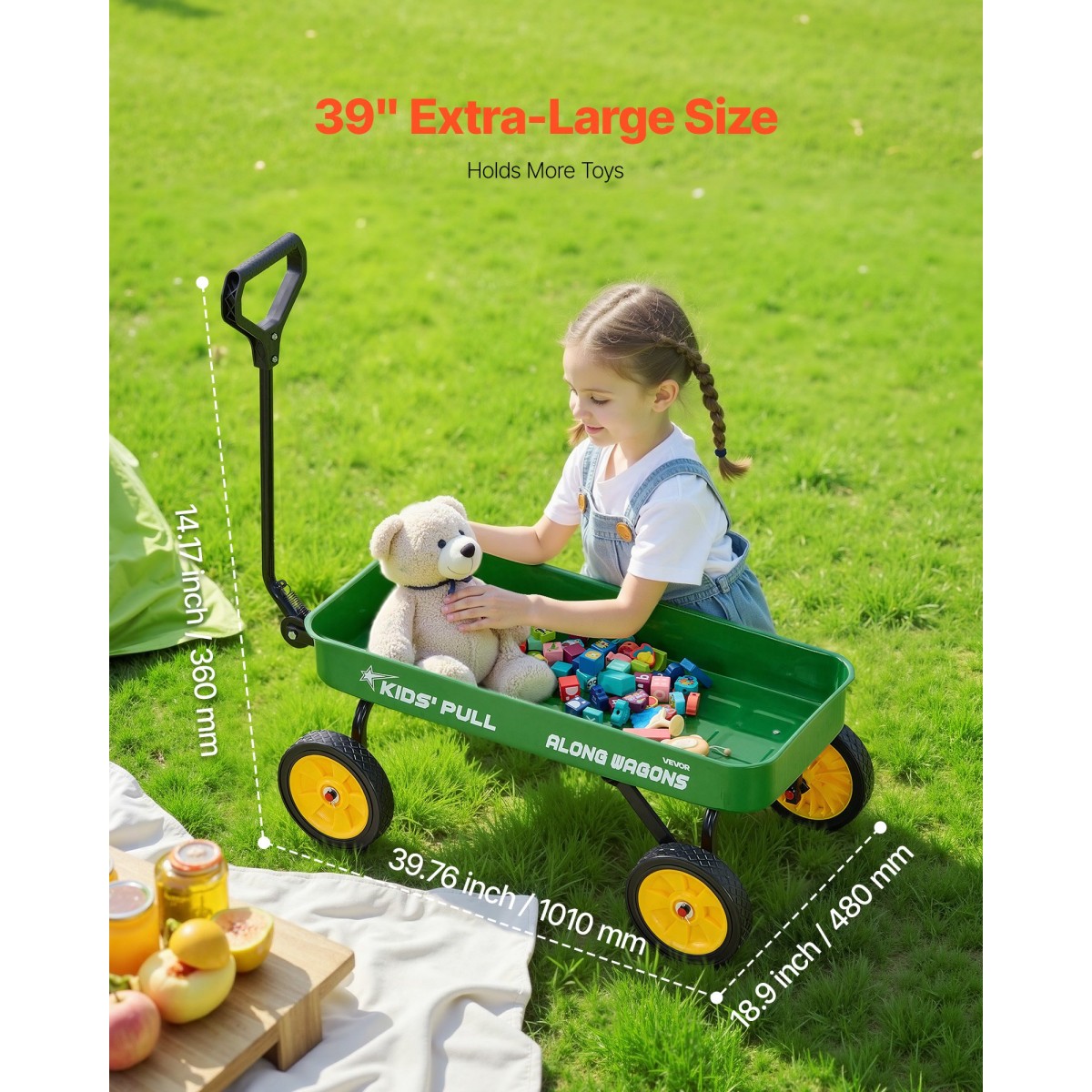 VEVOR Pull-Along Βαγόνι για παιδιά, Βαγόνια νηπίων 101 cm, Υποστηρίζει έως 80 κιλά, Βαγόνια παντός εδάφους με λαβή, Δώρο γενεθλίων για παιδική κηπουρική Παραλία Κάμπινγκ, Πράσινο