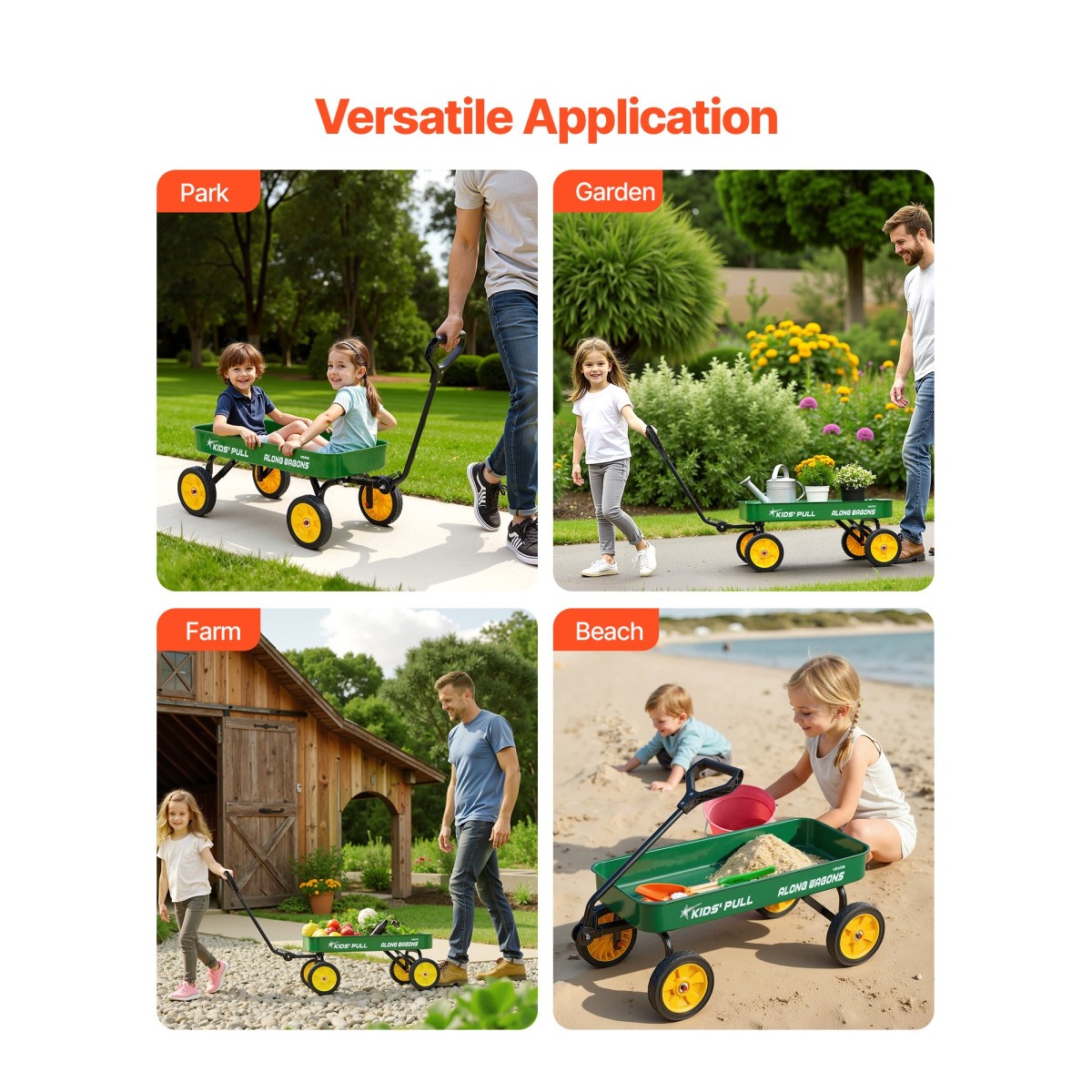 VEVOR Pull-Along Βαγόνι για παιδιά, Βαγόνια νηπίων 101 cm, Υποστηρίζει έως 80 κιλά, Βαγόνια παντός εδάφους με λαβή, Δώρο γενεθλίων για παιδική κηπουρική Παραλία Κάμπινγκ, Πράσινο