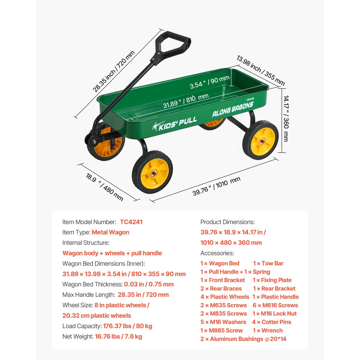 VEVOR Pull-Along Βαγόνι για παιδιά, Βαγόνια νηπίων 101 cm, Υποστηρίζει έως 80 κιλά, Βαγόνια παντός εδάφους με λαβή, Δώρο γενεθλίων για παιδική κηπουρική Παραλία Κάμπινγκ, Πράσινο
