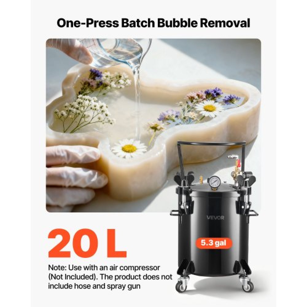 VEVOR Pressure Pot Paint Tank, 20 L Heavy Duty Steel Pressure Pot Tank, Spray Paint Pressures Pots with Three Quick-Connect Couplers for Home Use, DIY, Art Creations, Large-Diameter Tanks