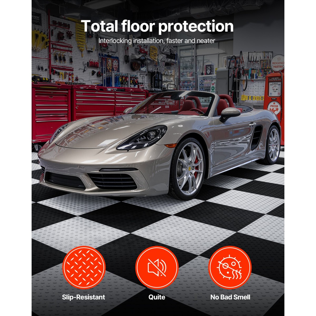 VEVOR Πλακάκια δαπέδου γκαράζ Interlocking, 16 Pack 513 x 513 x 5 mm Interlocking Modular Floor Garage Poils, Diamond Plate Αντιολισθητικά χαλάκια PVC για εργαστήριο, Αποθήκη, Εργαλειοθήκη, Γκρι γραφίτη