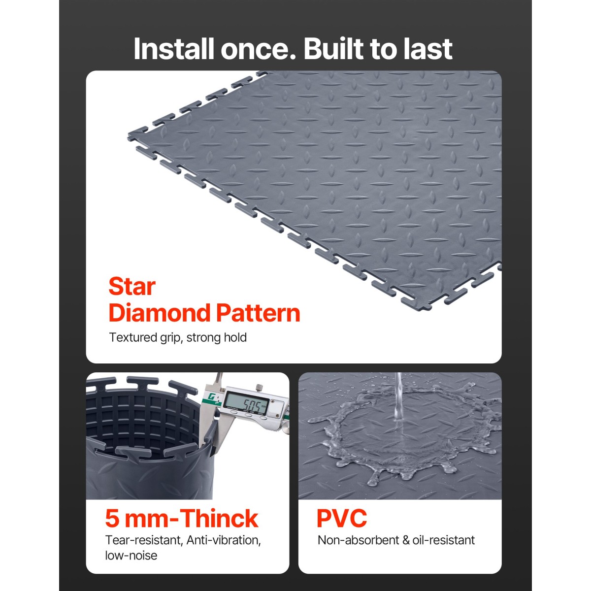 VEVOR Πλακάκια δαπέδου γκαράζ Interlocking, 16 Pack 513 x 513 x 5 mm Interlocking Modular Floor Garage Poils, Diamond Plate Αντιολισθητικά χαλάκια PVC για εργαστήριο, Αποθήκη, Εργαλειοθήκη, Γκρι γραφίτη
