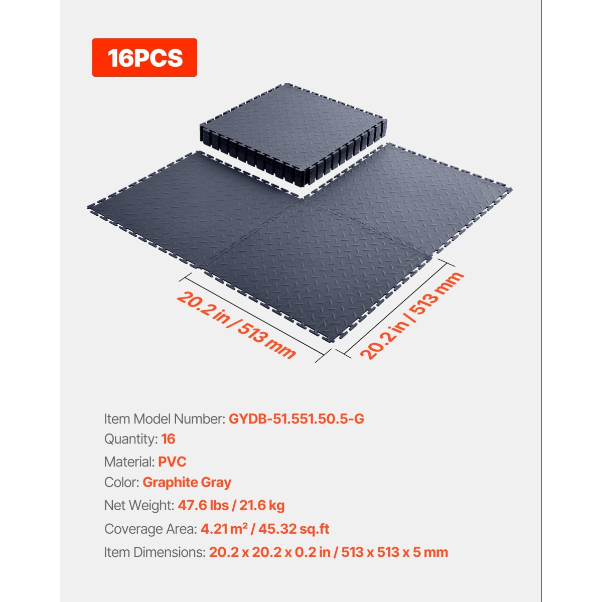 VEVOR Πλακάκια δαπέδου γκαράζ Interlocking, 16 Pack 513 x 513 x 5 mm Interlocking Modular Floor Garage Poils, Diamond Plate Αντιολισθητικά χαλάκια PVC για εργαστήριο, Αποθήκη, Εργαλειοθήκη, Γκρι γραφίτη