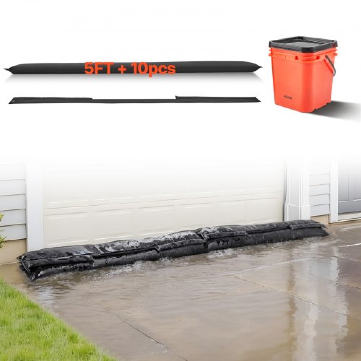 VEVOR Flood Barrier, 10 Pack, 1530 x 210 mm Flood bags with Bucket, επαναχρησιμοποιήσιμο υδατοαπορροφητικό φράγμα που ενεργοποιείται από νερό, απόφραξη σακουλών άμμου χωρίς άμμο, σάκοι πρόληψης πλημμύρας για υπόγειο, γκαράζ, πόρτα