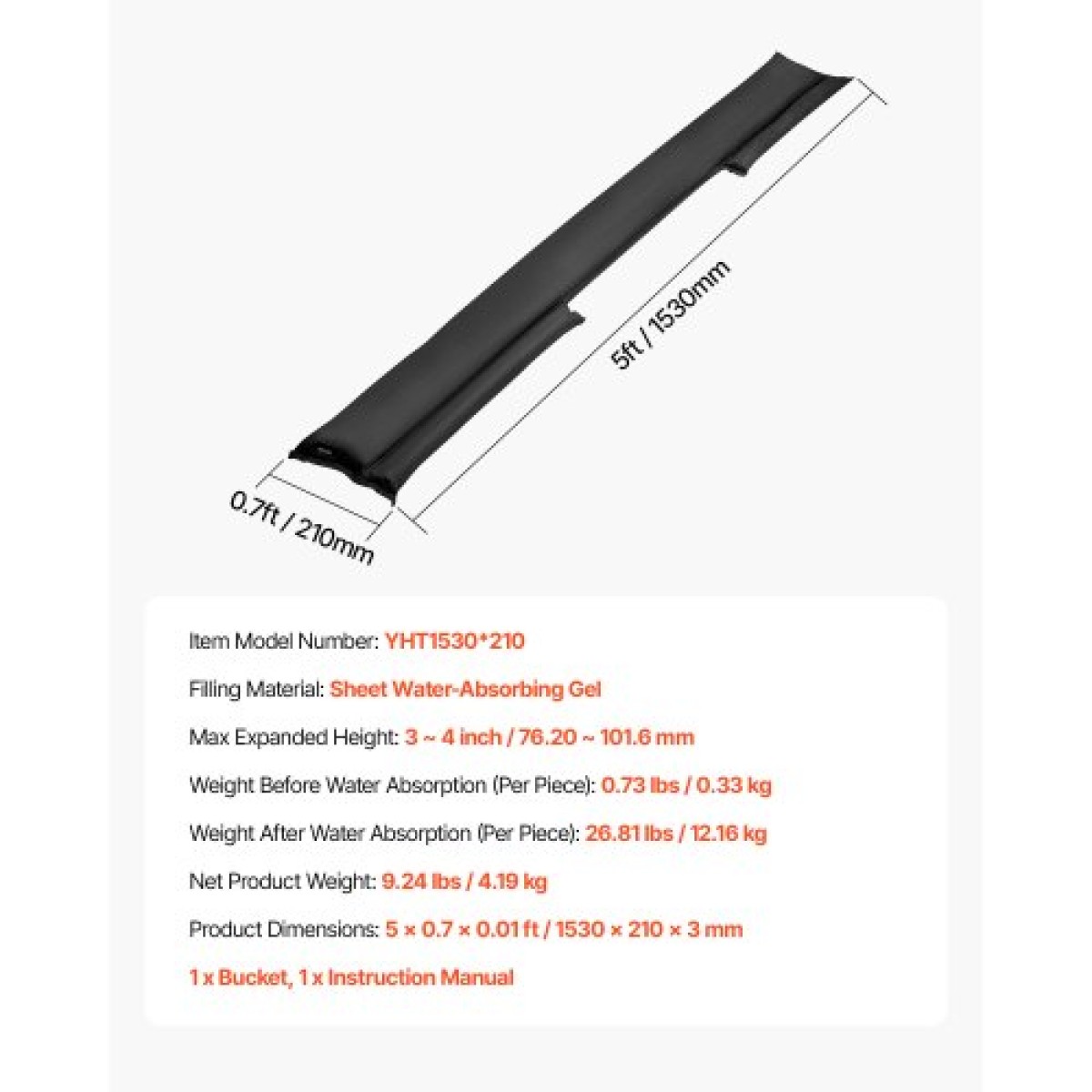 VEVOR Flood Barrier, 10 Pack, 1530 x 210 mm Flood bags with Bucket, επαναχρησιμοποιήσιμο υδατοαπορροφητικό φράγμα που ενεργοποιείται από νερό, απόφραξη σακουλών άμμου χωρίς άμμο, σάκοι πρόληψης πλημμύρας για υπόγειο, γκαράζ, πόρτα