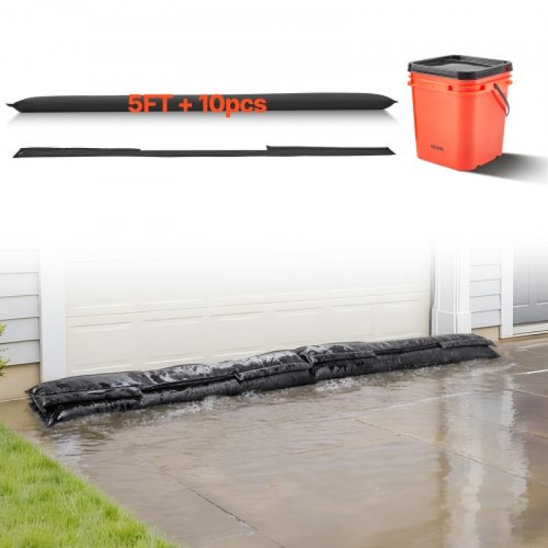 VEVOR Flood Barrier, 10 Pack, 1530 x 210 mm Flood bags with Bucket, επαναχρησιμοποιήσιμο υδατοαπορροφητικό φράγμα που ενεργοποιείται από νερό, απόφραξη σακουλών άμμου χωρίς άμμο, σάκοι πρόληψης πλημμύρας για υπόγειο, γκαράζ, πόρτα