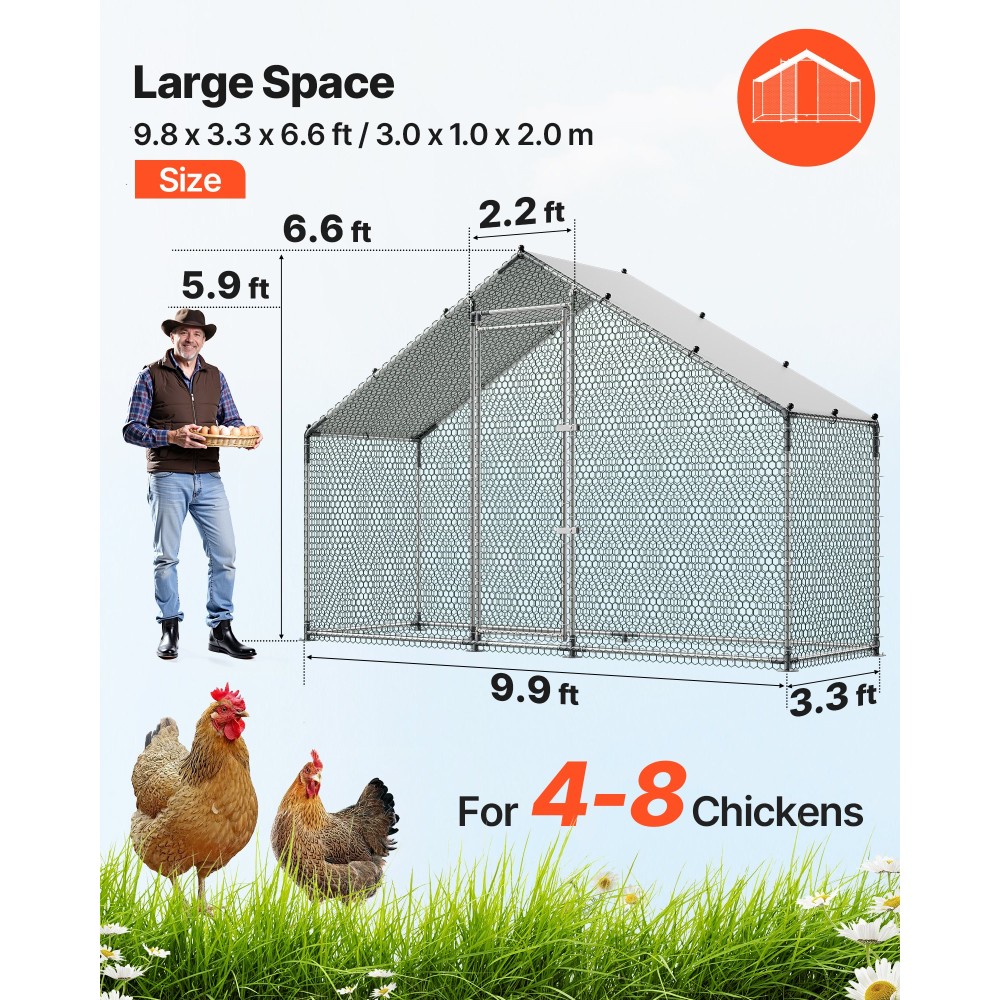VEVOR Large Metal Chicken Coop, 3 x 1 x 2 m, Walk-in Chicken Run House με αδιάβροχο κάλυμμα & στιβαρό σκελετό, στυλό πάπιας κλουβιού πουλερικών Spire Roof για χρήση σε εξωτερική αυλή σε φάρμα για κουνελόχηνα