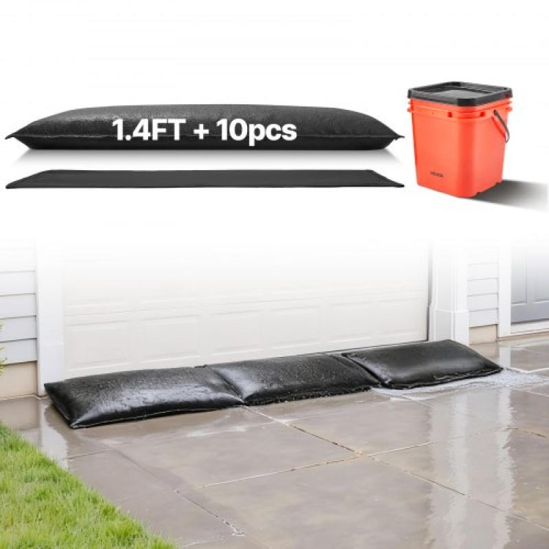 VEVOR Flood Barrier, 10 Pack, 430 x 830 mm Flood bags with Bucket, επαναχρησιμοποιήσιμο υδατοαπορροφητικό φράγμα που ενεργοποιείται από νερό, απόφραξη σακουλών άμμου χωρίς άμμο, σάκοι πρόληψης πλημμύρας για πόρτα, υπόγειο, γκαράζ
