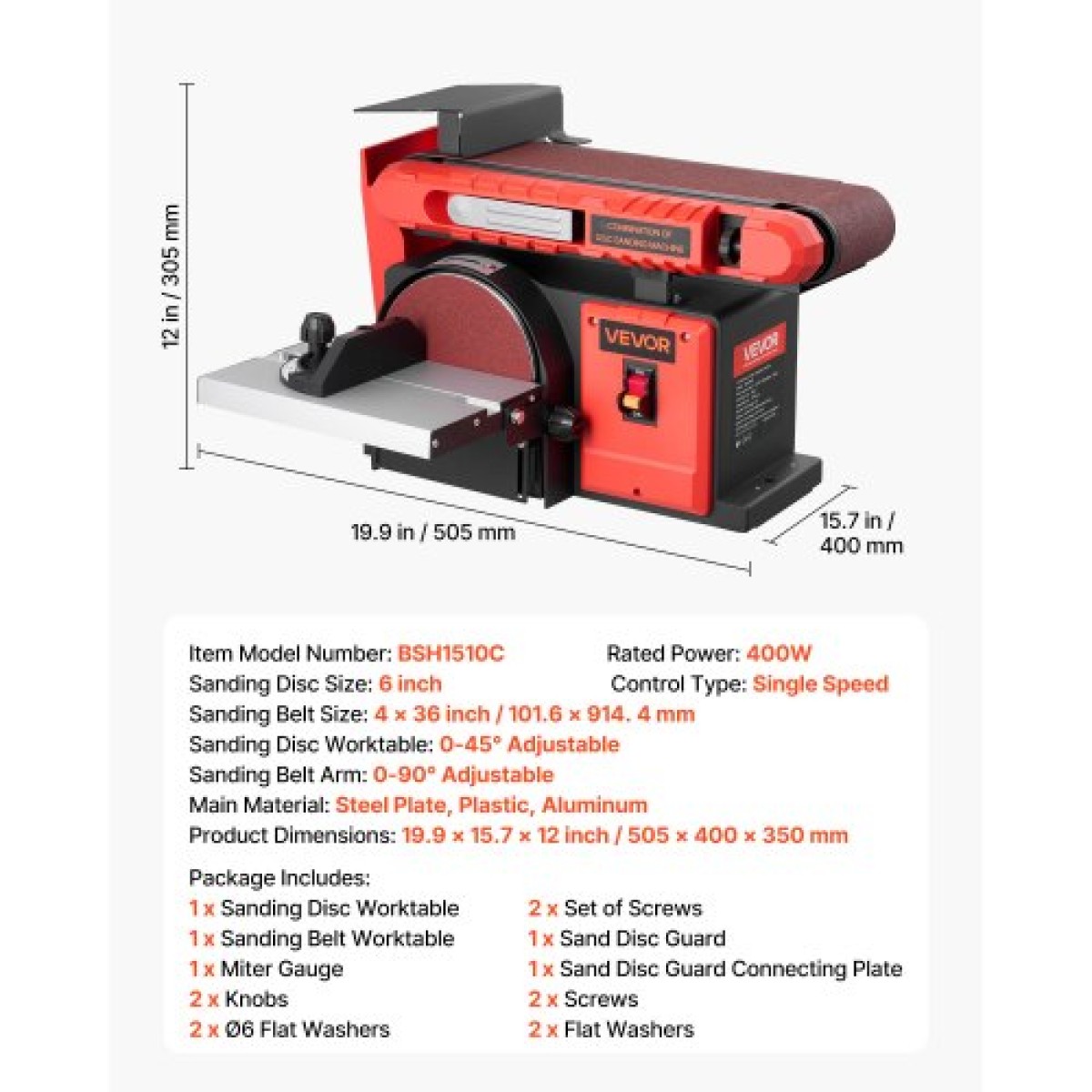 VEVOR 152,4mm Δισκοτριβείο & 101,6mm x 914,4mm, 400W Professional Belt Disc Trinder Combo με ρυθμιζόμενο τραπέζι εργασίας 0 - 45°, Θύρα συλλογής σκόνης για ξυλουργική και χειροτεχνία DIY