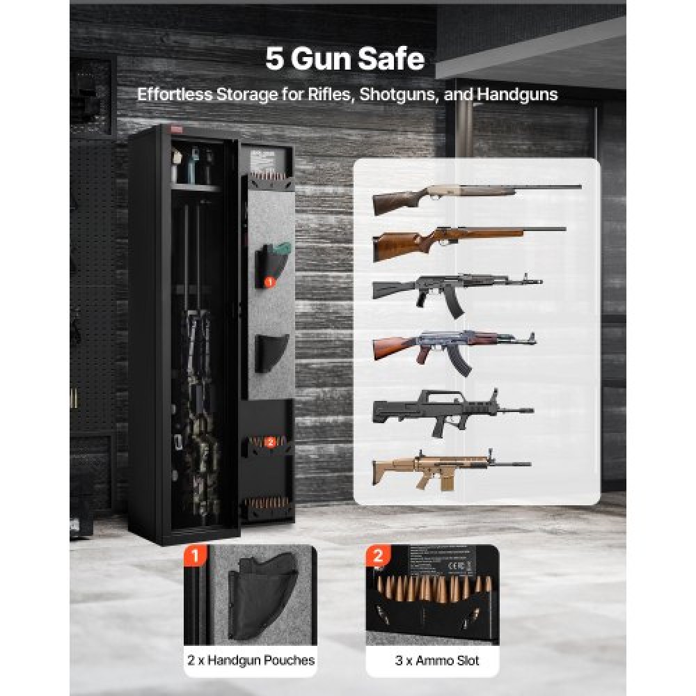 Θήκη τυφεκίων VEVOR Gun Safe, βαρέως τύπου χαλύβδινο ντουλάπι ψυχρής έλασης με δακτυλικό αποτύπωμα & κλειδί, μεγάλο μακρύ ντουλάπι όπλων με γεμιστήρα και LED, ρυθμιζόμενες σχάρες για τουφέκια, πιστόλια, κυνηγετικό όπλο (απαιτείται συναρμολόγηση)