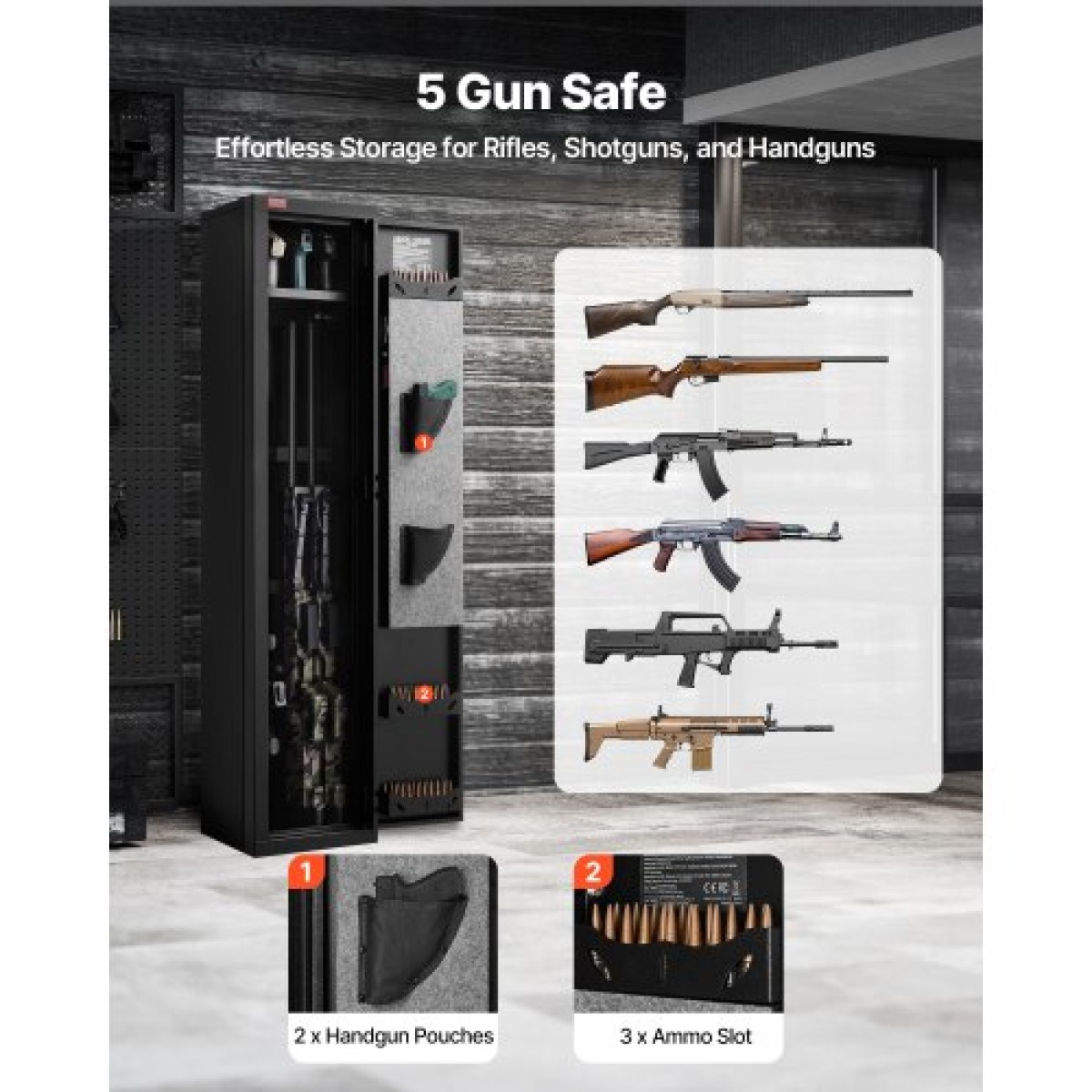 Θήκη τυφεκίων VEVOR Gun Safe, βαρέως τύπου χαλύβδινο ντουλάπι ψυχρής έλασης με δακτυλικό αποτύπωμα & κλειδί, μεγάλο μακρύ ντουλάπι όπλων με γεμιστήρα και LED, ρυθμιζόμενες σχάρες για τουφέκια, πιστόλια, κυνηγετικό όπλο (απαιτείται συναρμολόγηση)