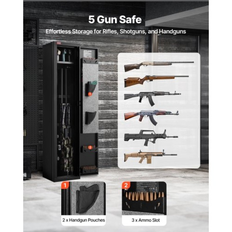 Θήκη τυφεκίων VEVOR Gun Safe, βαρέως τύπου χαλύβδινο ντουλάπι ψυχρής έλασης με δακτυλικό αποτύπωμα & κλειδί, μεγάλο μακρύ ντουλάπι όπλων με γεμιστήρα και LED, ρυθμιζόμενες σχάρες για τουφέκια, πιστόλια, κυνηγετικό όπλο (απαιτείται συναρμολόγηση)