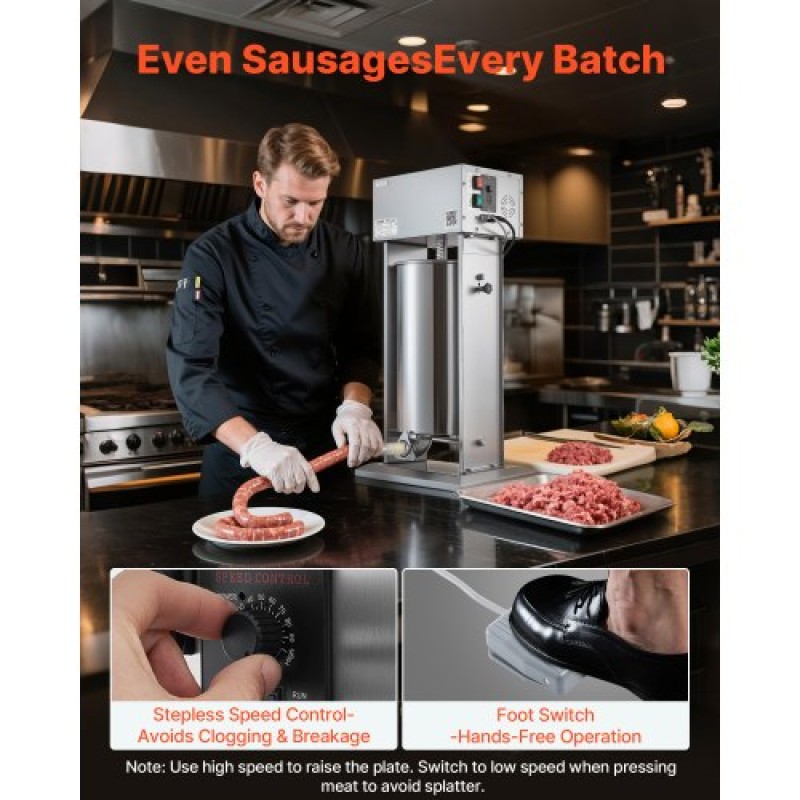 VEVOR Electric Sausage Stuffer, 55 LBS / 25 L Vertical Meat Stuffer, Stepless Speed ​​Control and Foot Pedal, Inox Heavy Duty Γεμιστικό Λουκάνικου με 5 Σωλήνες Γέμισης, για Εμπορική & οικιακή χρήση