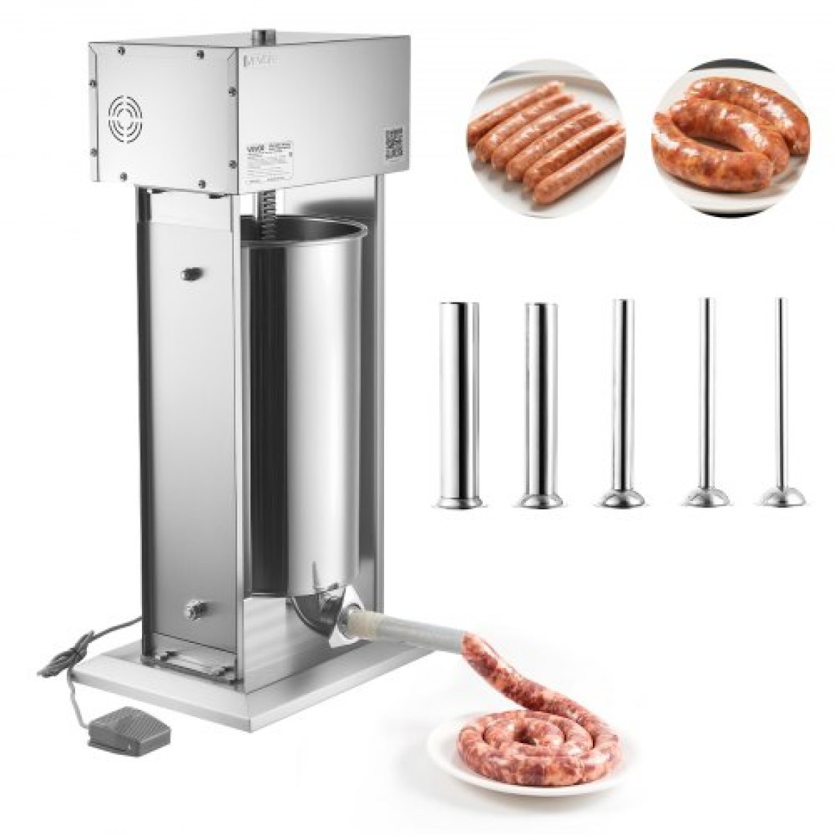 VEVOR Electric Sausage Stuffer, 55 LBS / 25 L Vertical Meat Stuffer, Stepless Speed ​​Control and Foot Pedal, Inox Heavy Duty Γεμιστικό Λουκάνικου με 5 Σωλήνες Γέμισης, για Εμπορική & οικιακή χρήση