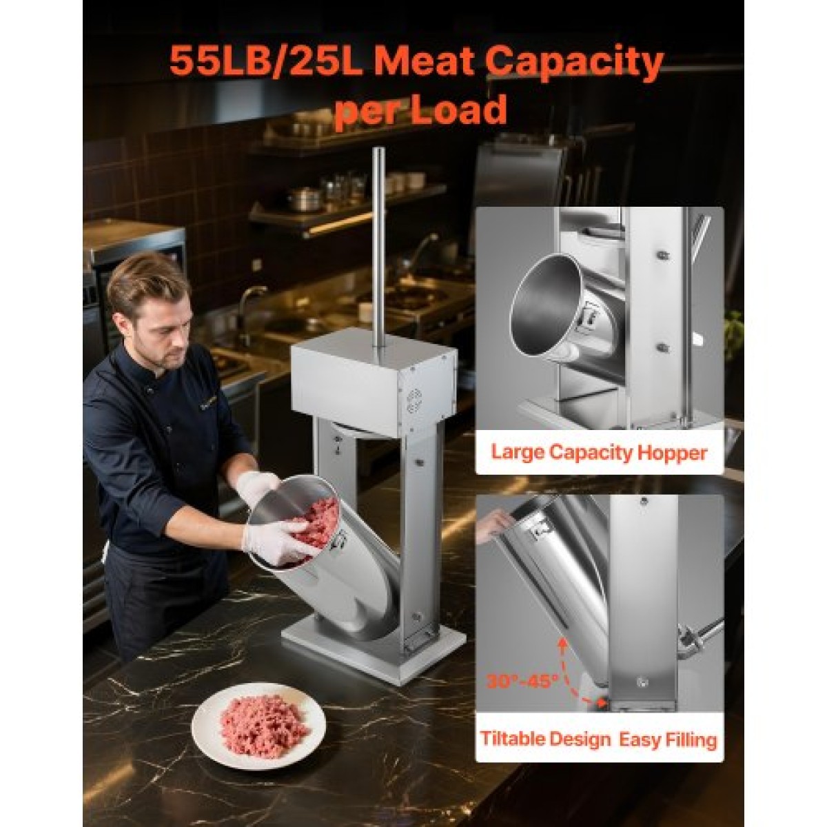 VEVOR Electric Sausage Stuffer, 55 LBS / 25 L Vertical Meat Stuffer, Stepless Speed ​​Control and Foot Pedal, Inox Heavy Duty Γεμιστικό Λουκάνικου με 5 Σωλήνες Γέμισης, για Εμπορική & οικιακή χρήση