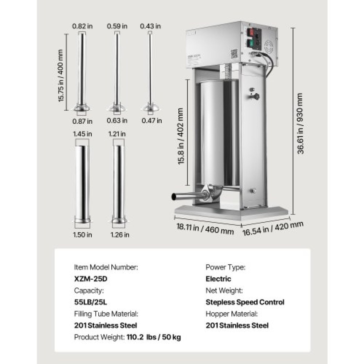 VEVOR Electric Sausage Stuffer, 55 LBS / 25 L Vertical Meat Stuffer, Stepless Speed ​​Control and Foot Pedal, Inox Heavy Duty Γεμιστικό Λουκάνικου με 5 Σωλήνες Γέμισης, για Εμπορική & οικιακή χρήση