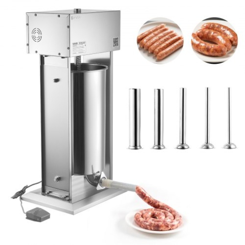VEVOR Electric Sausage Stuffer, 55 LBS / 25 L Vertical Meat Stuffer, Stepless Speed ​​Control and Foot Pedal, Inox Heavy Duty Γεμιστικό Λουκάνικου με 5 Σωλήνες Γέμισης, για Εμπορική & οικιακή χρήση