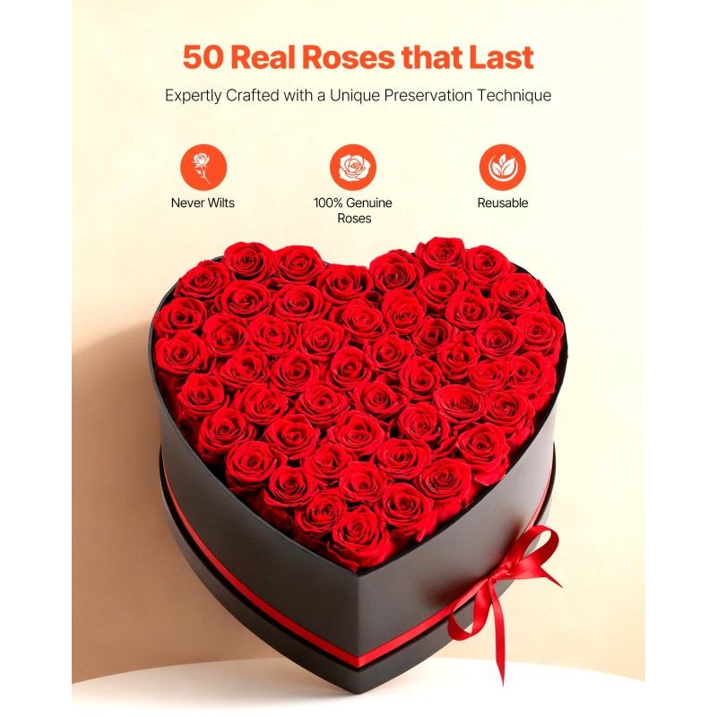 VEVOR Forever Flowers, 50 διατηρημένα τριαντάφυλλα σε κουτί σε σχήμα καρδιάς, Αιώνια λουλούδια Αθάνατο μπουκέτο δώρο γενεθλίων για παράδοση Prime Women Her Wife Mothers, Επέτειος, Ημέρα του Αγίου Βαλεντίνου, Χριστούγεννα, Κόκκινο