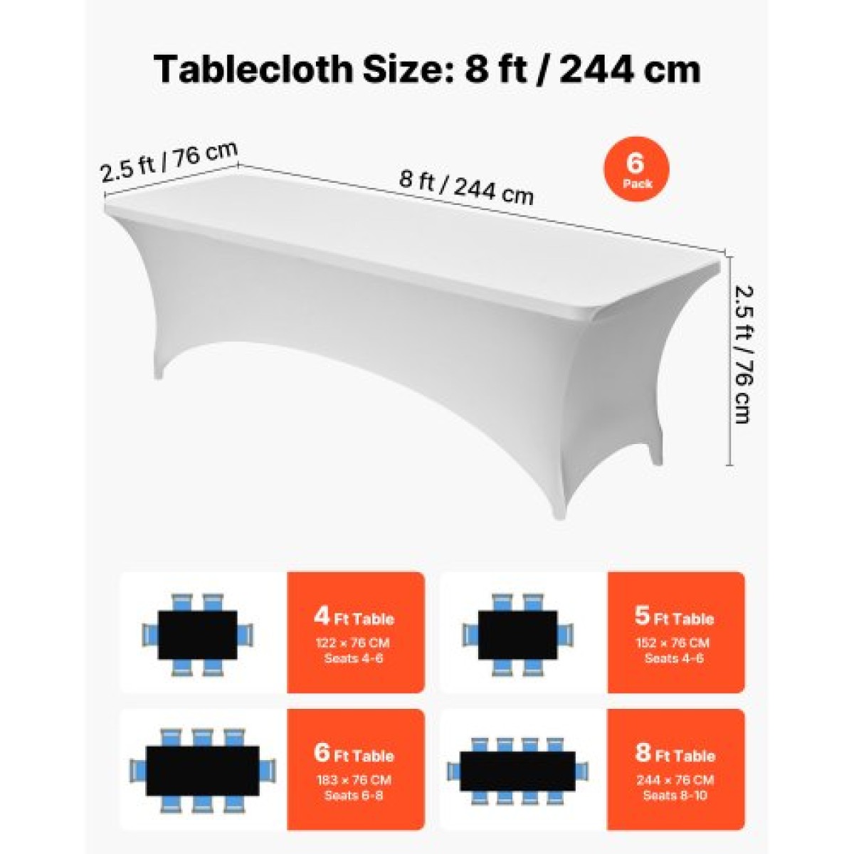 Τραπεζομάντιλο VEVOR 6 Pack για 8FT ορθογώνια τοποθετημένα γεγονότα, ελαστικά λευκά καλύμματα τραπεζιού ανθεκτικά στις ρυτίδες, προστατευτικό τραπεζομάντιλο Spandex που πλένεται, για πάρτι, γάμο, κοκτέιλ, συμπόσιο, φεστιβάλ