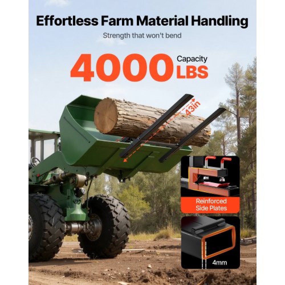 VEVOR Pallet Forks, 1814 kg Clamp on Pallet Forks, 149 cm Total Length Heavy-Duty Tractor Fork with Anti-Tilt Bar & Adjustable Stabilizer Bar, Fit for Loader Bucket Skid Steer Tractor, Black