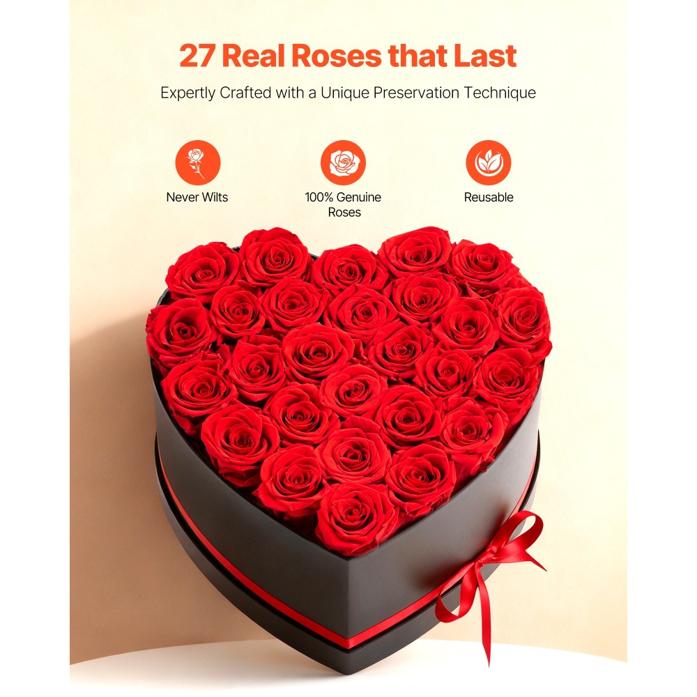 VEVOR Forever Flowers, 27 διατηρημένα τριαντάφυλλα σε κουτί σε σχήμα καρδιάς, Αιώνια λουλούδια Αθάνατο μπουκέτο Δώρο γενεθλίων για παράδοση Prime Women Her Wife Mothers, Επέτειος, Ημέρα του Αγίου Βαλεντίνου, Χριστούγεννα, Κόκκινο