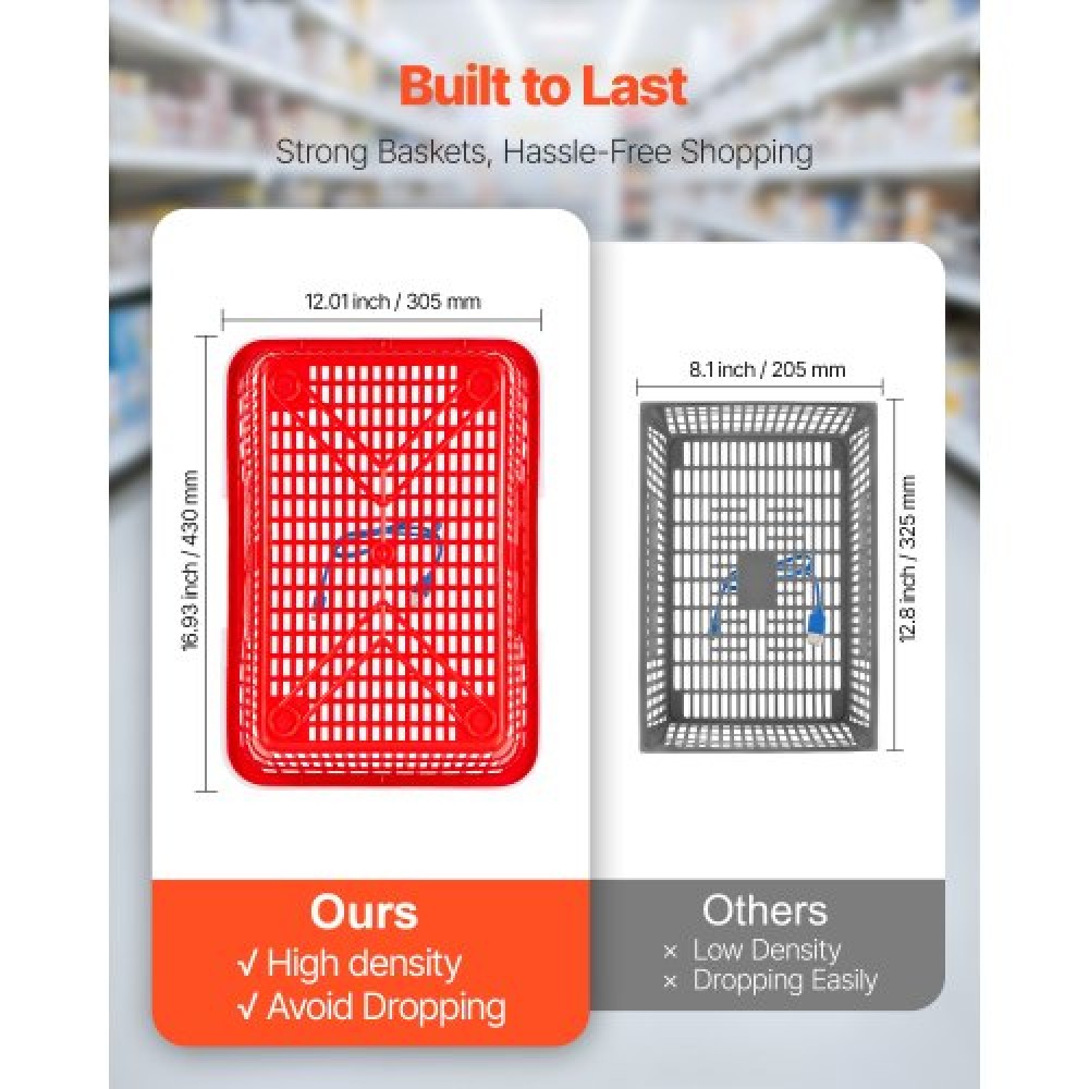 VEVOR Shopping Baskets, 12 PCS, 21L Stackable PE Plastic Grocery Baskets with Handles, Dense Mesh Structure, Holds up to 9.07kg, Portable for Grocery, Retail, Stores, Supermarket, Home Use, Red