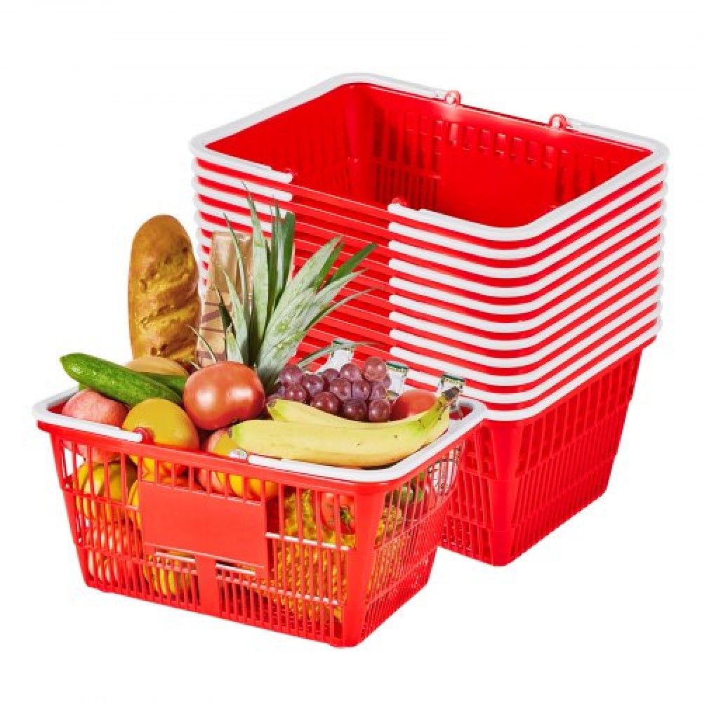 VEVOR Shopping Baskets, 12 PCS, 21L Stackable PE Plastic Grocery Baskets with Handles, Dense Mesh Structure, Holds up to 9.07kg, Portable for Grocery, Retail, Stores, Supermarket, Home Use, Red