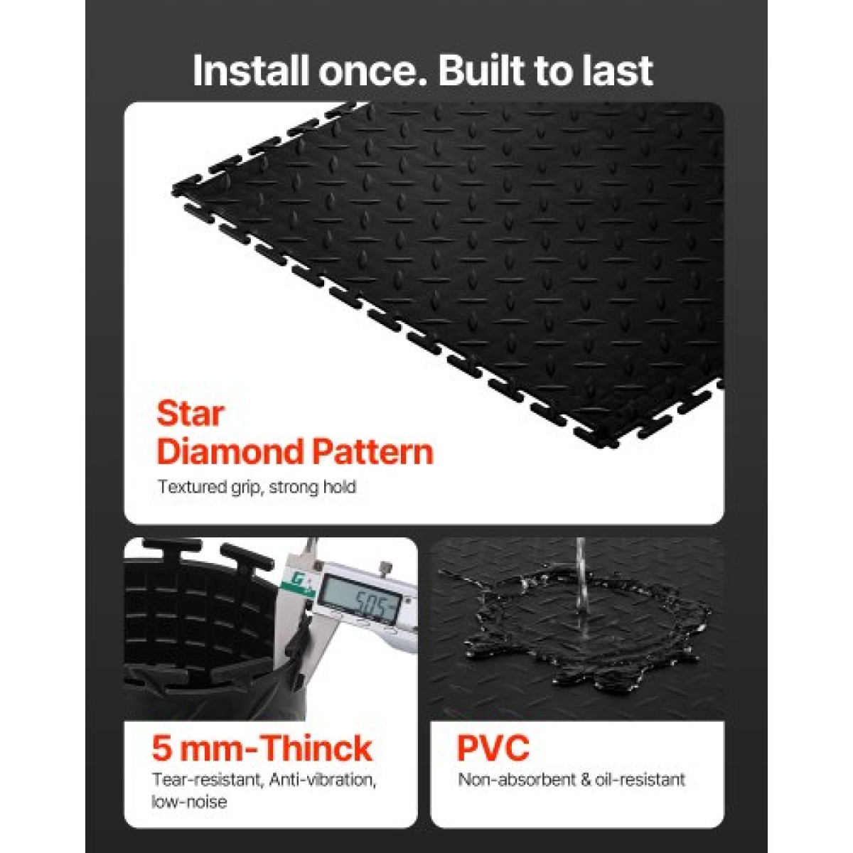 VEVOR Πλακάκια δαπέδου γκαράζ Interlocking, 16 Pack 513 x 513 x 5 mm Interlocking Modular Floor Garage Garage Poss, Diamond Plate Αντιολισθητικά χαλάκια PVC για εργαστήριο, Αποθήκη, Εργαλειοθήκη, Μαύρο