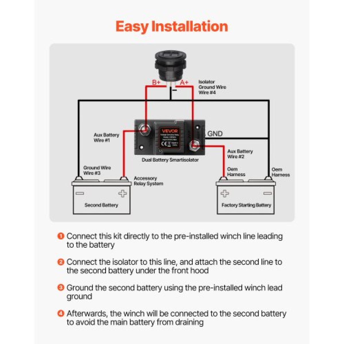 VEVOR Dual Battery Isolator Kit, 12V 80 Amp 13,3 mm² (6 AWG), χειροκίνητο και αυτόματο VSR Voltage Sensitive Relay με βολτόμετρο, οθόνη LCD, Smart Battery Isolator, Συμβατό με μπαταρίες μολύβδου-οξέος, για UTV, ATV