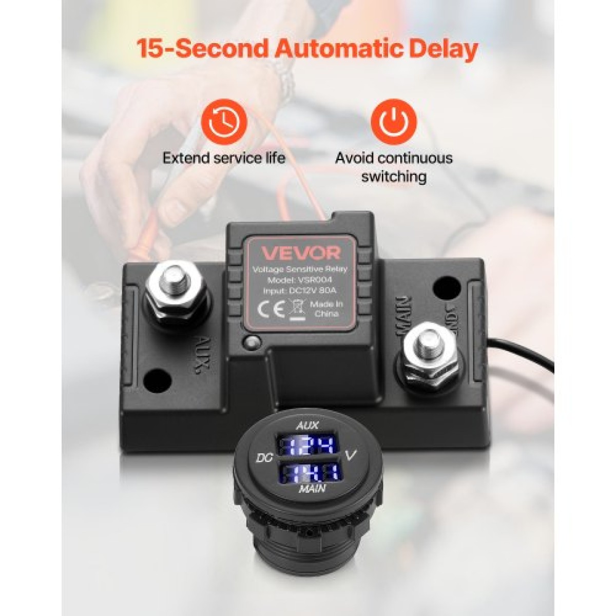 VEVOR Dual Battery Isolator Kit, 12V 80 Amp 13,3 mm² (6 AWG), χειροκίνητο και αυτόματο VSR Voltage Sensitive Relay με βολτόμετρο, οθόνη LCD, Smart Battery Isolator, Συμβατό με μπαταρίες μολύβδου-οξέος, για UTV, ATV