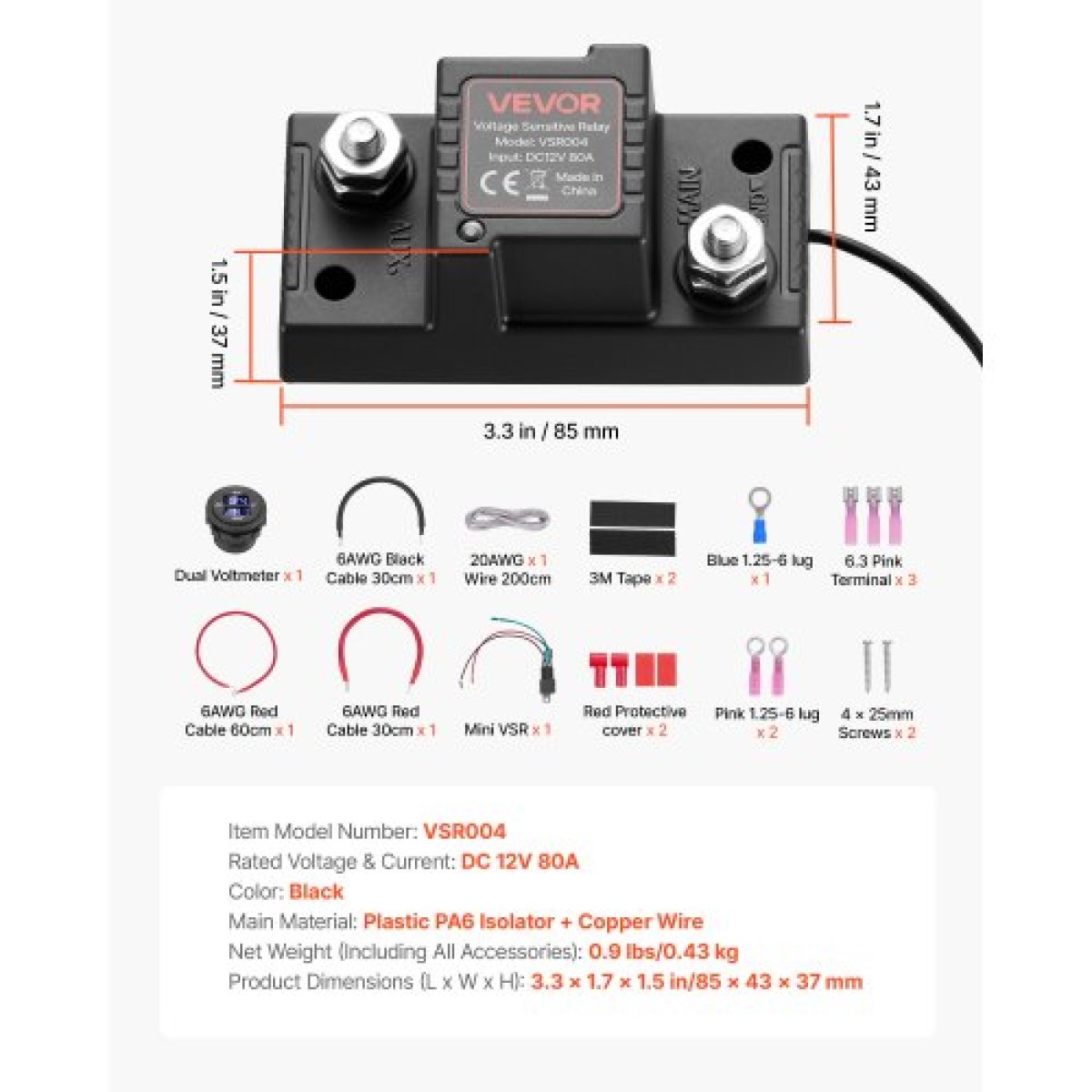 VEVOR Dual Battery Isolator Kit, 12V 80 Amp 13,3 mm² (6 AWG), χειροκίνητο και αυτόματο VSR Voltage Sensitive Relay με βολτόμετρο, οθόνη LCD, Smart Battery Isolator, Συμβατό με μπαταρίες μολύβδου-οξέος, για UTV, ATV