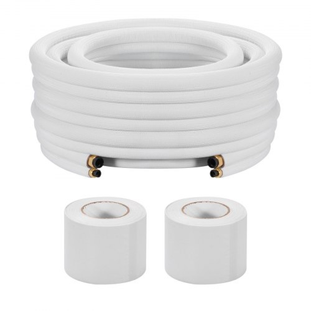 VEVOR 30,5 m Mini Split Line Set, OD AC Copper Tubing Pipe 6,4 & 12,7mm, White PE 3/8 Thickened Insolated Coil with Flapped Nuts, Strapping Tapes, for Mini Split Air Conditioner HVAC or Heat Pump System