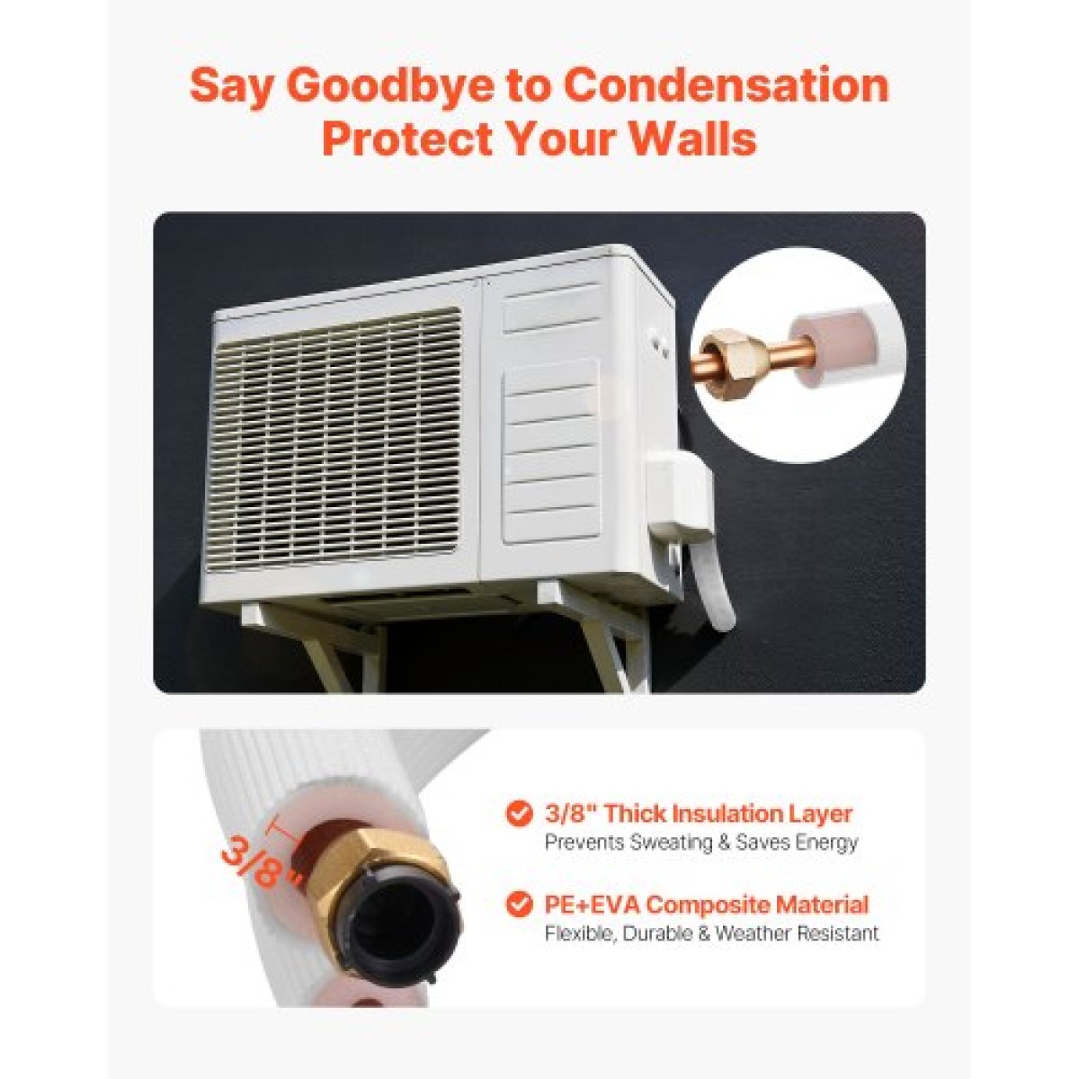 VEVOR 30,5 m Mini Split Line Set, OD AC Copper Tubing Pipe 6,4 & 12,7mm, White PE 3/8 Thickened Insolated Coil with Flapped Nuts, Strapping Tapes, for Mini Split Air Conditioner HVAC or Heat Pump System