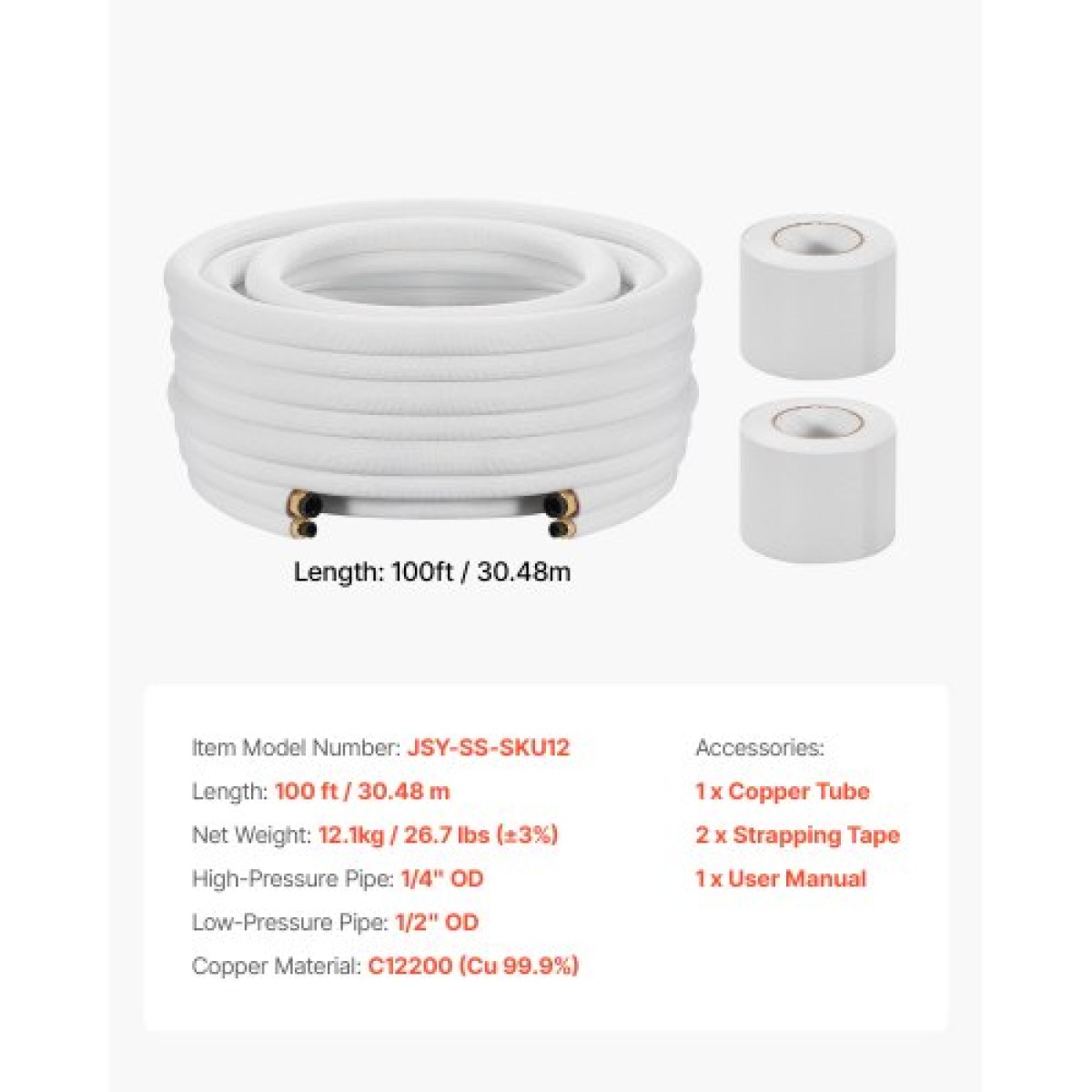 VEVOR 30,5 m Mini Split Line Set, OD AC Copper Tubing Pipe 6,4 & 12,7mm, White PE 3/8 Thickened Insolated Coil with Flapped Nuts, Strapping Tapes, for Mini Split Air Conditioner HVAC or Heat Pump System