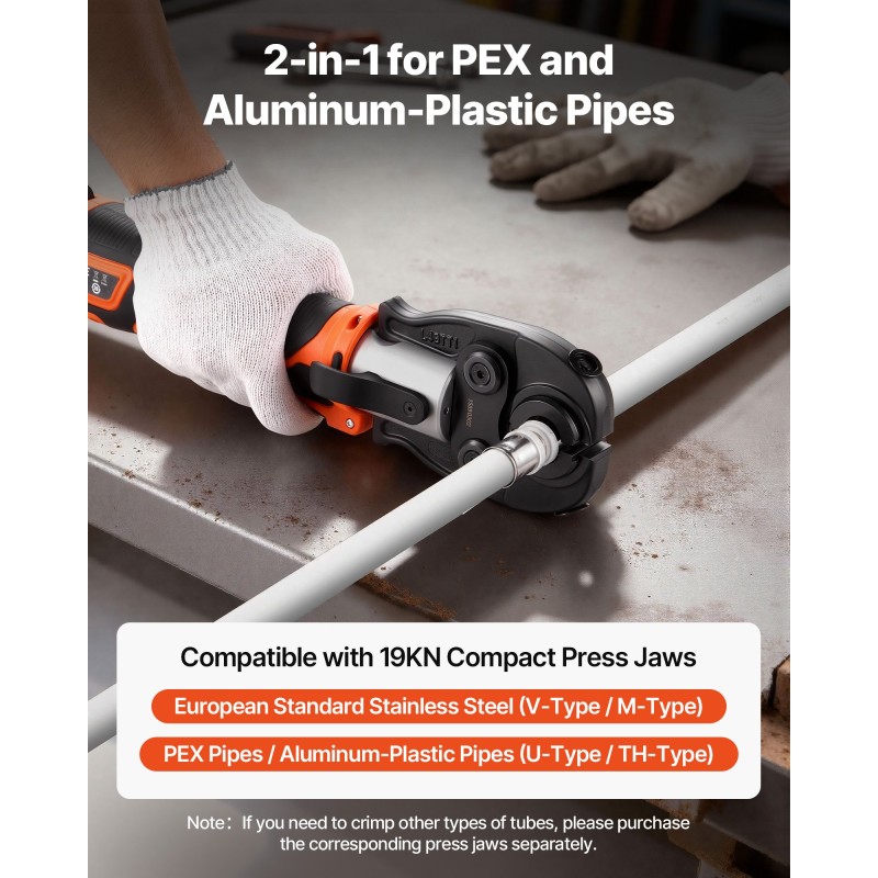 VEVOR Cordless Pipe Tool Kit, 18V Electric Pipe Crimping Tool for PEX & Aluminium-Plastic Tubes - με σιαγόνες TH16 TH20 TH26 TH32, 2 τμχ Μπαταρίες 2AH, Γρήγορος φορτιστής & θήκη μεταφοράς