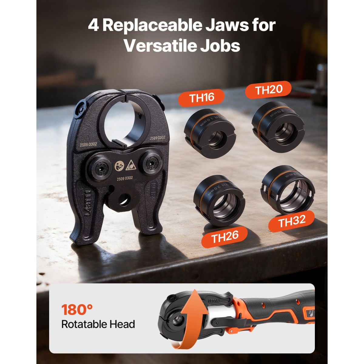 VEVOR Cordless Pipe Tool Kit, 18V Electric Pipe Crimping Tool for PEX & Aluminium-Plastic Tubes - με σιαγόνες TH16 TH20 TH26 TH32, 2 τμχ Μπαταρίες 2AH, Γρήγορος φορτιστής & θήκη μεταφοράς