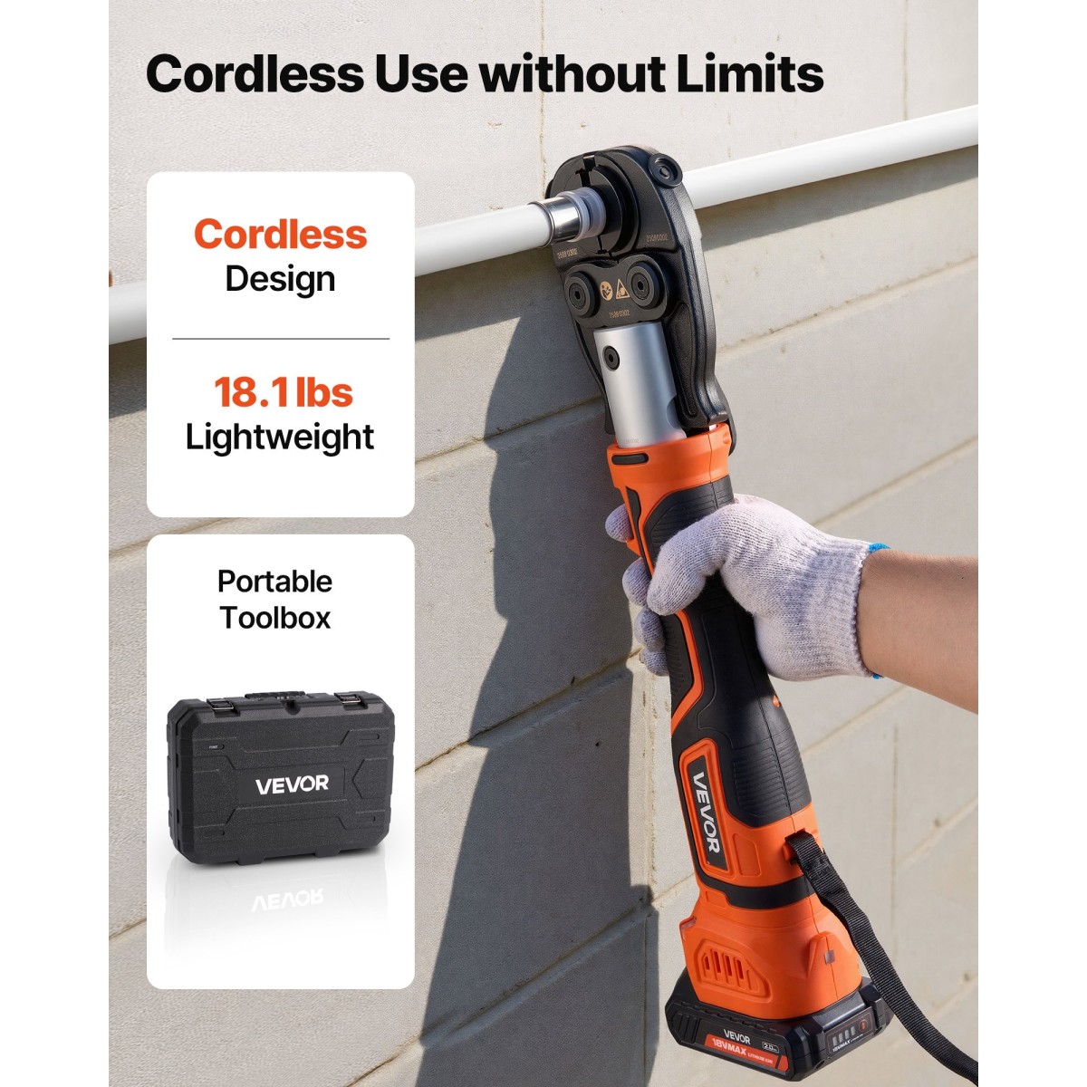 VEVOR Cordless Pipe Tool Kit, 18V Electric Pipe Crimping Tool for PEX & Aluminium-Plastic Tubes - με σιαγόνες TH16 TH20 TH26 TH32, 2 τμχ Μπαταρίες 2AH, Γρήγορος φορτιστής & θήκη μεταφοράς