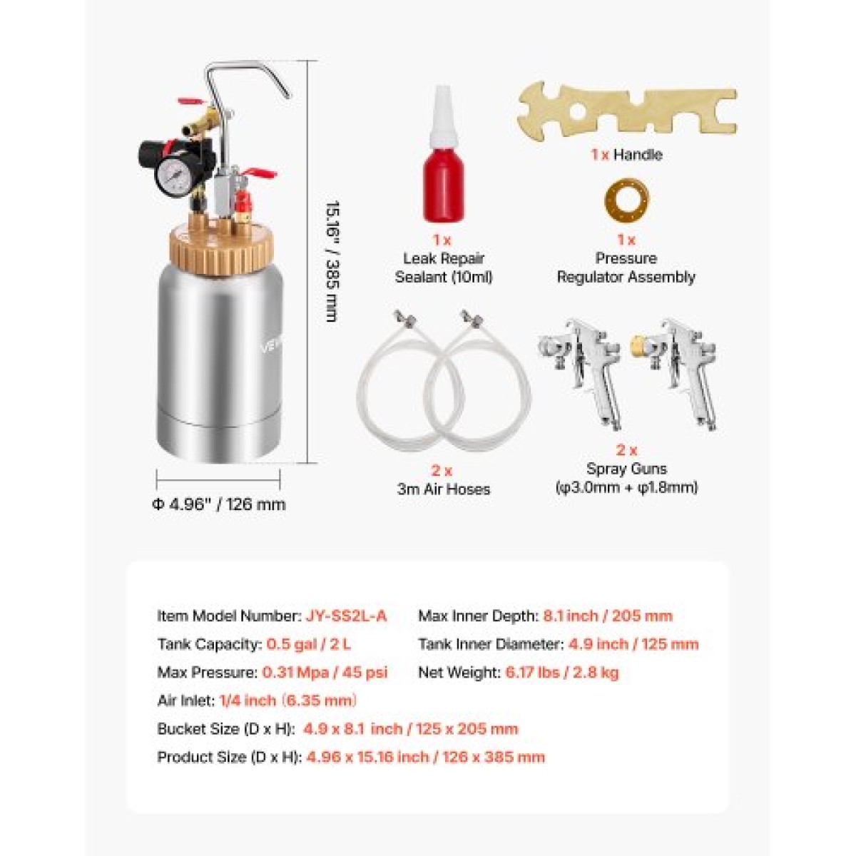 VEVOR Pot Pressure Paint Bot, 2 L Pressure Pot Paint Sprayer, φ1,8mm + φ3mm Δύο πιστόλια ψεκασμού Κεντρικό πιστόλι ψεκασμού με δύο σωλήνες 3 m για έπιπλα, αυτοκίνητο, 3 ρυθμιζόμενα χειριστήρια