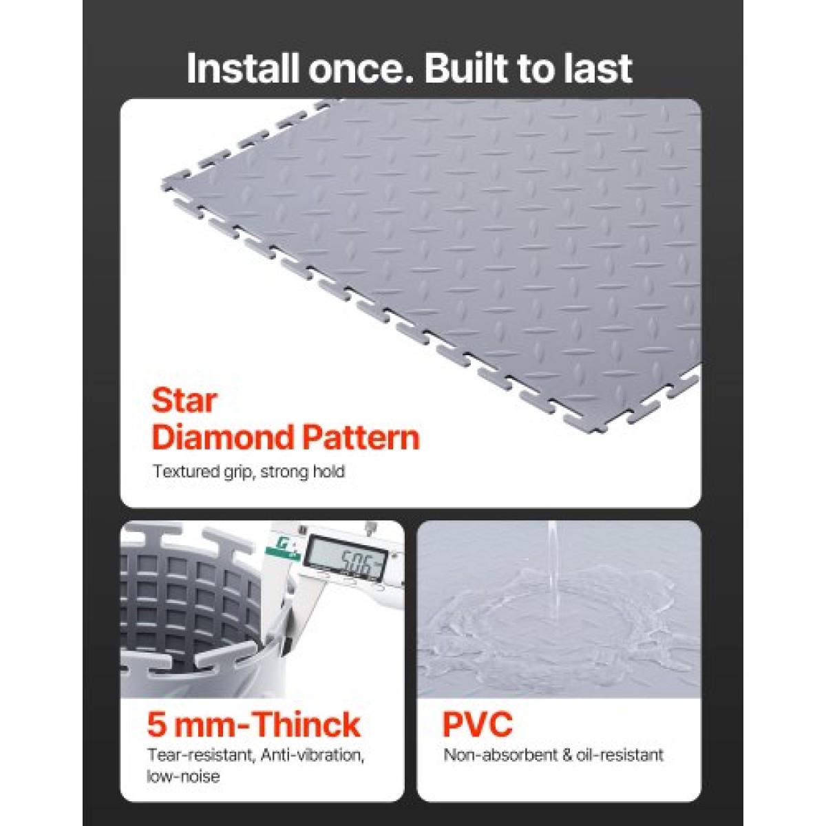 VEVOR Πλακάκια δαπέδου γκαράζ Interlocking, 16 Pack 513 x 513 x 5 mm Interlocking Modular Floor Garage Garage Poss, Diamond Plate Αντιολισθητικά χαλάκια PVC για εργαστήριο, αποθήκη, εργαλειοθήκη, ανοιχτό γκρι