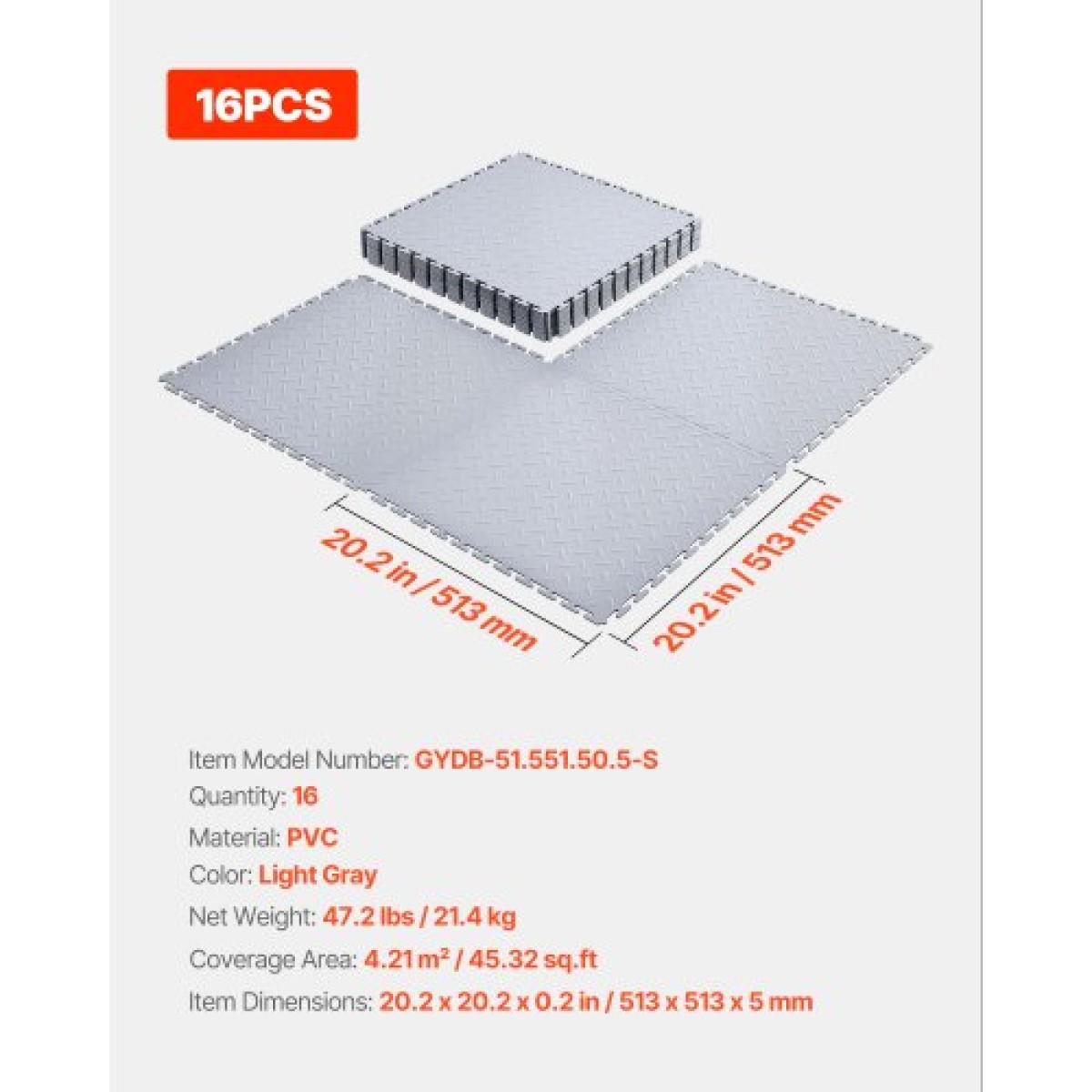VEVOR Πλακάκια δαπέδου γκαράζ Interlocking, 16 Pack 513 x 513 x 5 mm Interlocking Modular Floor Garage Garage Poss, Diamond Plate Αντιολισθητικά χαλάκια PVC για εργαστήριο, αποθήκη, εργαλειοθήκη, ανοιχτό γκρι