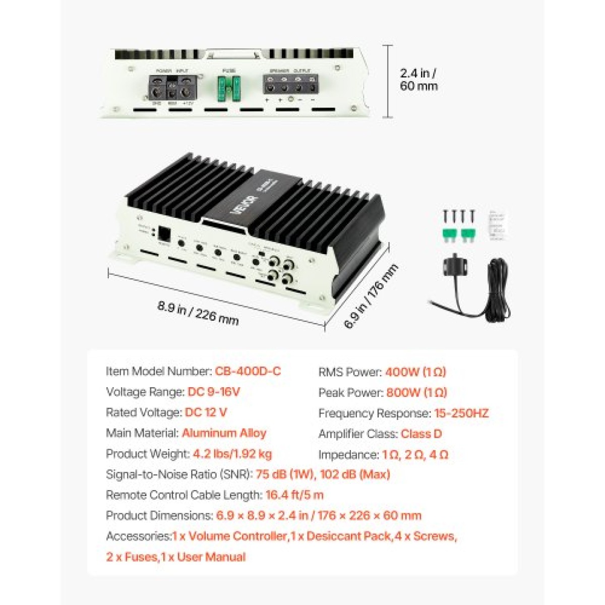 Ενισχυτής αυτοκινήτου VEVOR Monoblock, 400W RMS MAX, 1/2/4 Ohm Stable, Ενισχυτής ήχου αυτοκινήτου κατηγορίας D 1 καναλιού με απομακρυσμένο έλεγχο επιπέδου υπογούφερ, φίλτρο χαμηλής διέλευσης, ενίσχυση μπάσων & μετατόπιση φάσης, ελεγκτής έντασης ήχου