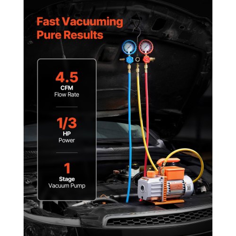 VEVOR AC Vacuum Pump and Gauge Set, 4.5 CFM 127 L/min, Single Stage Rotary Vane HVAC Vacuum Pump, Manifold Gauge Kit, for R134a R22 R410a R1234YF R32, with Carry Bag, for Auto HVAC Air Conditioning