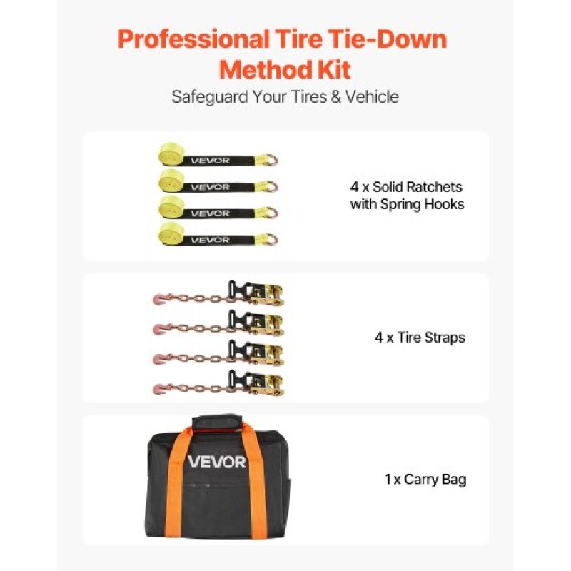 VEVOR Wheel Chock Tie-Down Kit, Tire-Style Tow Dolly Strap, Car Tie Down Kit with Heavy-Duty Hook, Break Strength 4540 kg & Working Load 1512 kg Motorcycle Tie-Down System for ATV, SUV, Snowmobiles