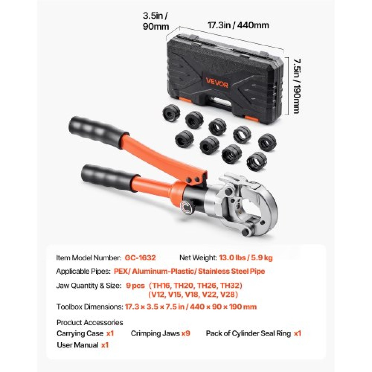 VEVOR Hydraulic Pipe Crimping Tool, Multi-Functional Tube Fittings Crimper with TH16 TH20 TH26 TH32 Jaws for PEX & Aluminium-Plastic Pipes και V12 V15 V18 V22 V28 Jaws for Inox