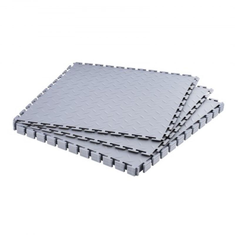 VEVOR Πλακάκια δαπέδου γκαράζ Interlocking, 8 Pack 513 x 513 x 5 mm Interlocking Modular Floor Garage Garage Poss, Diamond Plate Αντιολισθητικά χαλάκια PVC για εργαστήριο, Αποθήκη, Εργαλειοθήκη, Ασημί