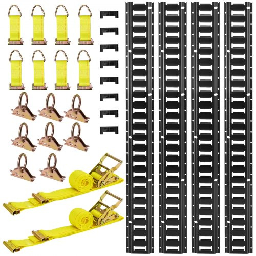 VEVOR E-Track Tie-Down Rail Kit, 4 Pack 2,3 m E Rails Track, 26 Pcs Περιλαμβάνει 2 Ratchet Straps & 8 O-Rings & 8 Tie-Offs with D-Ring & 8 End Caps, Fit for Garage Vans Trailers Motorcycles