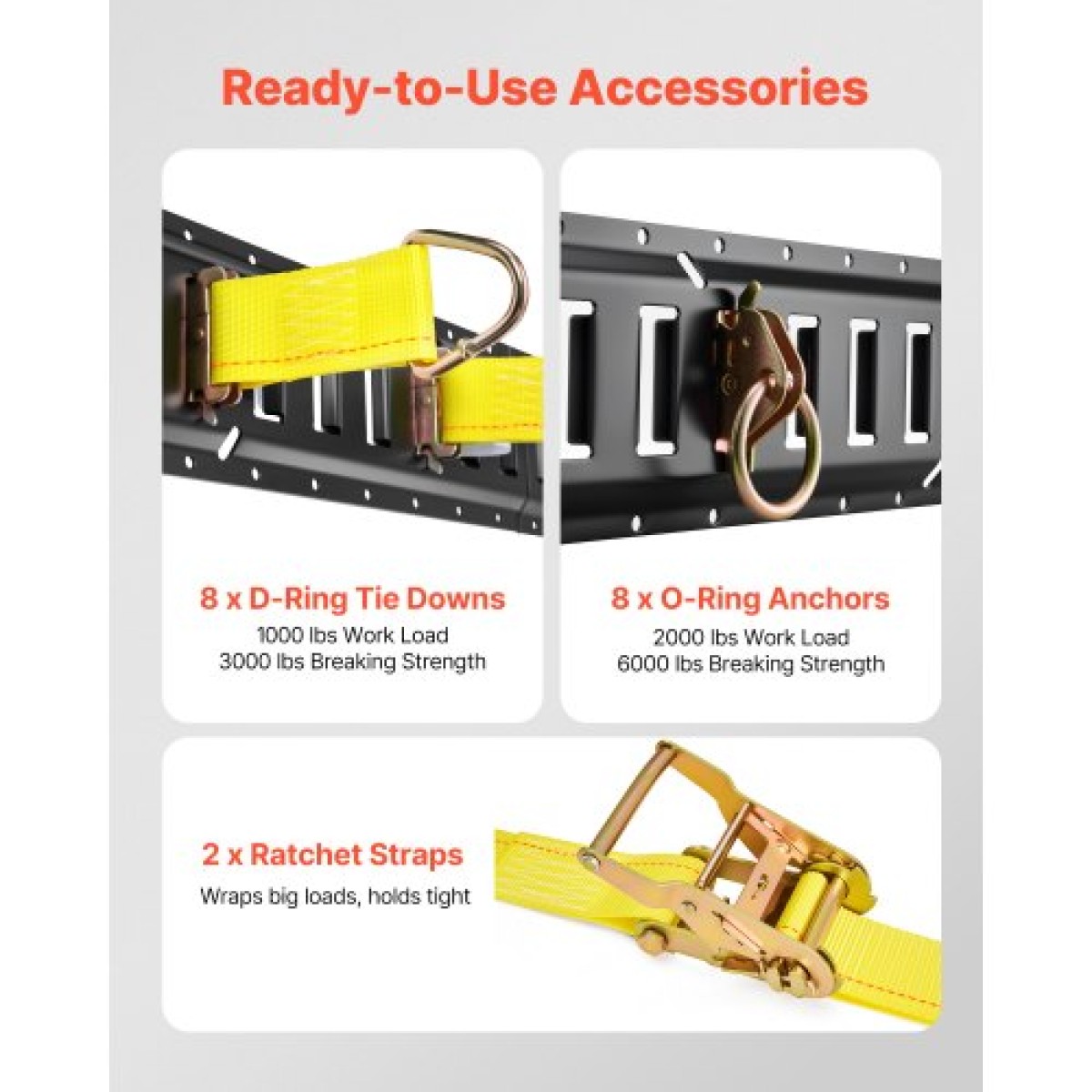 VEVOR E-Track Tie-Down Rail Kit, 4 Pack 2,3 m E Rails Track, 26 Pcs Περιλαμβάνει 2 Ratchet Straps & 8 O-Rings & 8 Tie-Offs with D-Ring & 8 End Caps, Fit for Garage Vans Trailers Motorcycles