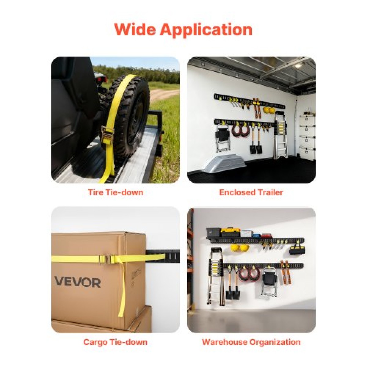 VEVOR E-Track Tie-Down Rail Kit, 4 Pack 2,3 m E Rails Track, 26 Pcs Περιλαμβάνει 2 Ratchet Straps & 8 O-Rings & 8 Tie-Offs with D-Ring & 8 End Caps, Fit for Garage Vans Trailers Motorcycles