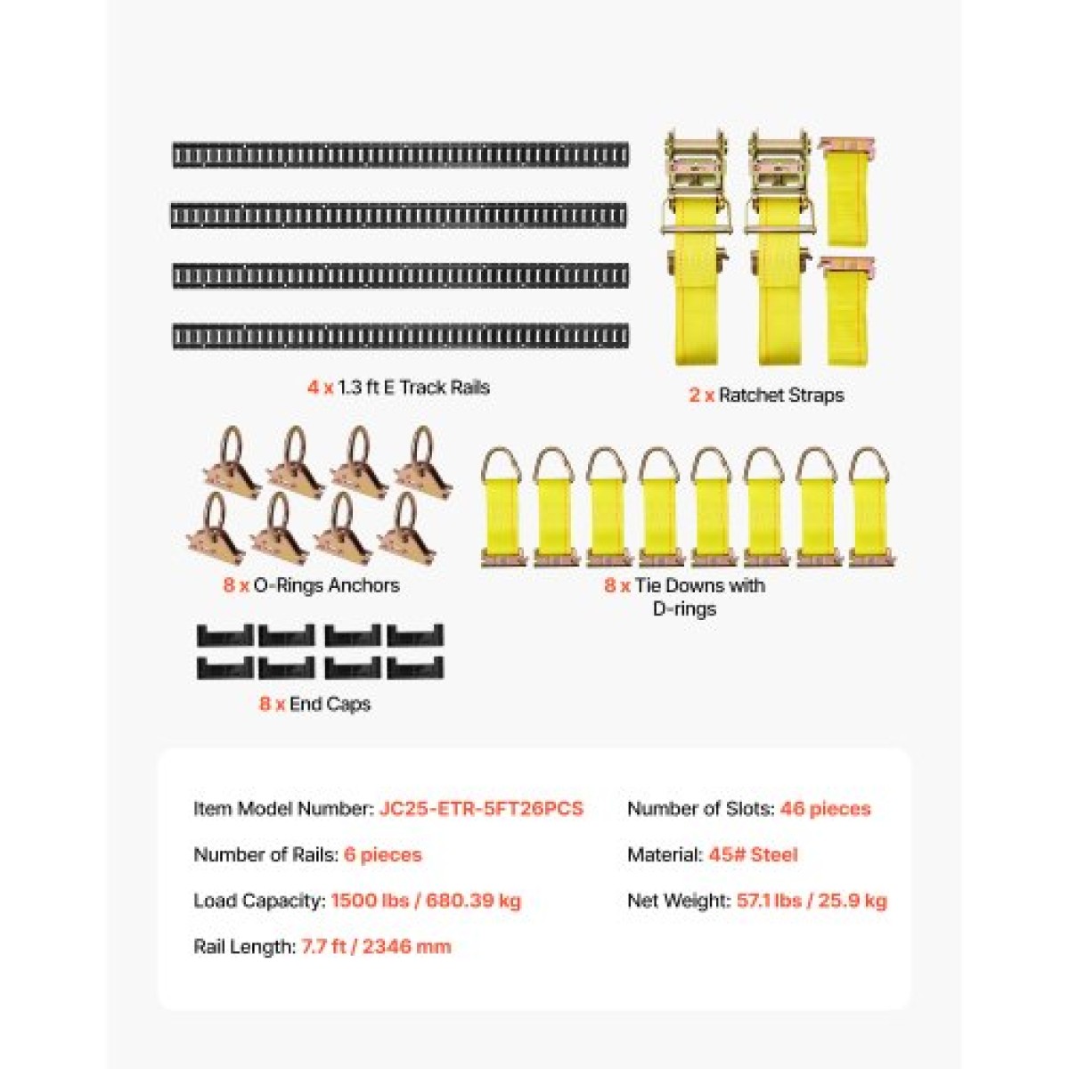 VEVOR E-Track Tie-Down Rail Kit, 4 Pack 2,3 m E Rails Track, 26 Pcs Περιλαμβάνει 2 Ratchet Straps & 8 O-Rings & 8 Tie-Offs with D-Ring & 8 End Caps, Fit for Garage Vans Trailers Motorcycles