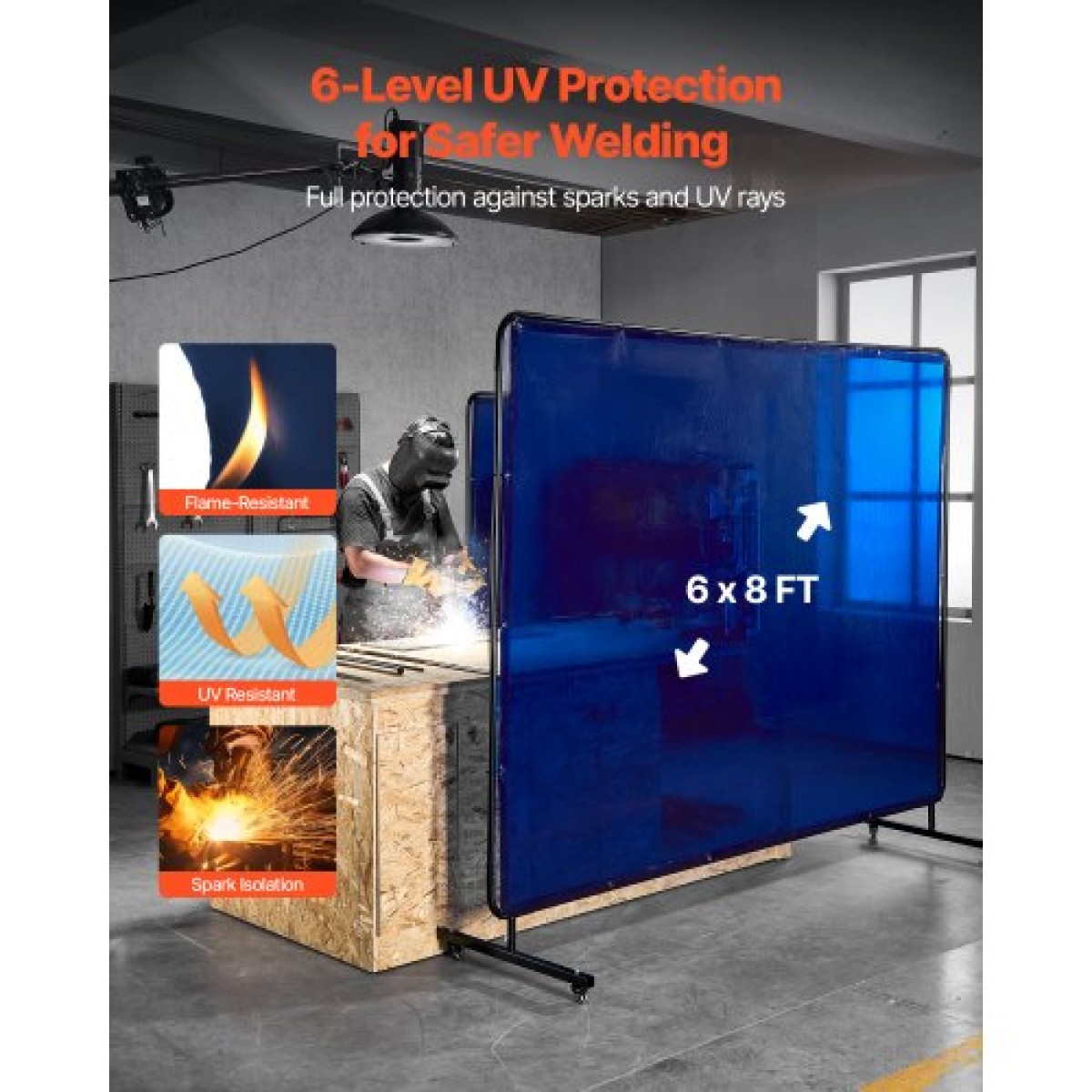 Οθόνη συγκόλλησης VEVOR με πλαίσιο, 1,74 x 2,34 μ. Οθόνη κουρτίνας συγκόλλησης, οθόνες προστασίας βινυλίου ανθεκτικές στη φλόγα με περιστρεφόμενους τροχούς που κλειδώνουν & προστασία UV 6 επιπέδων για εργαστήριο/βιομηχανική χρήση, μπλε